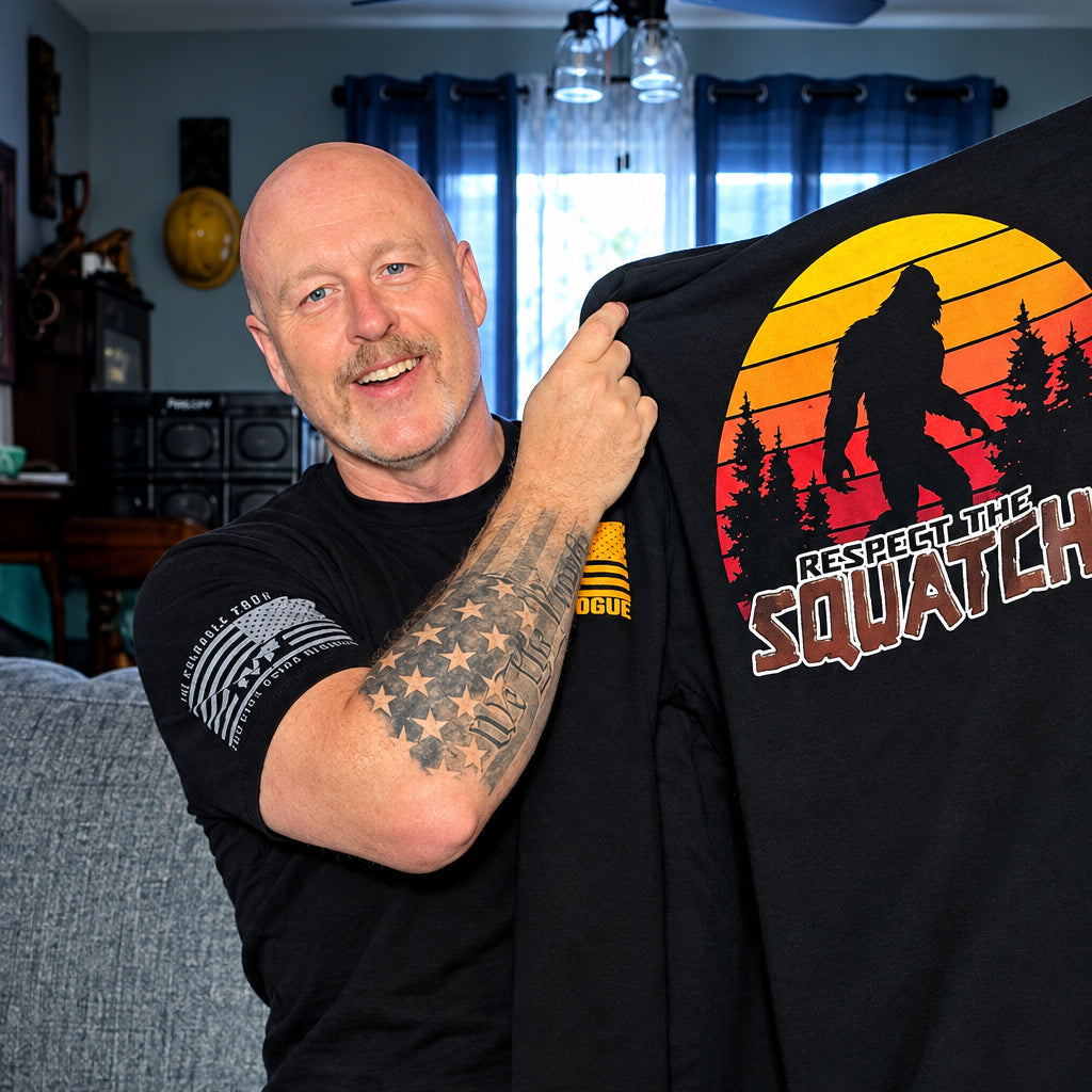 A man holding up a black t-shirt in a living room setting. The shirt features a large graphic print of a Bigfoot silhouette against a sunset gradient with the text 'RESPECT THE SQUATCHI'.