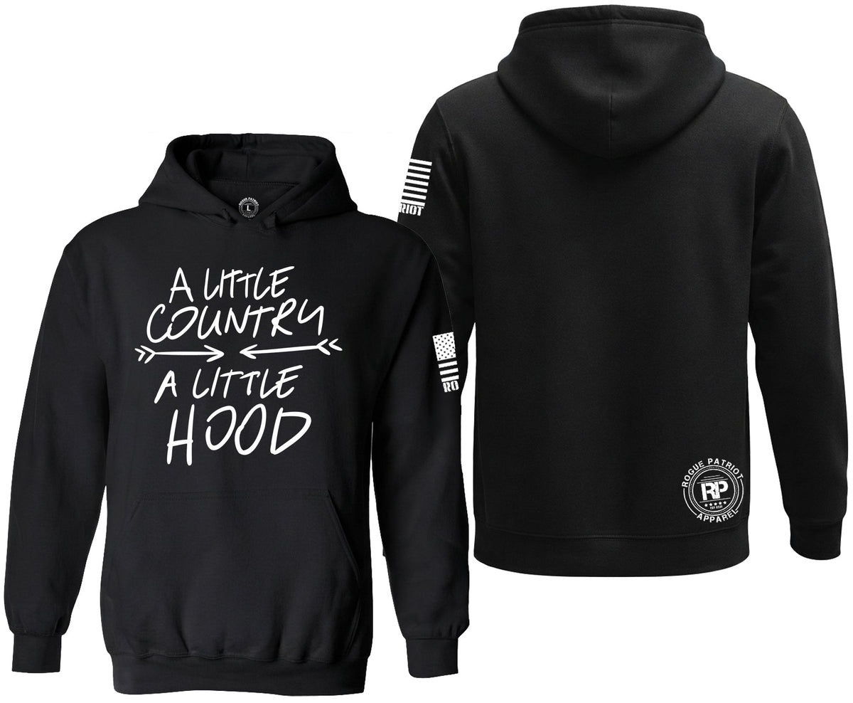 Black pullover hoodie shown from the front and back on a white background. The front features a large white circular 'Rogue Patriot Apparel' logo with 'RP' in the center.