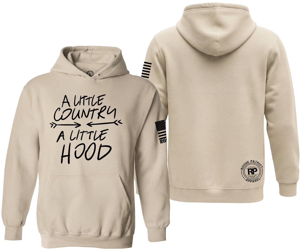A light beige pullover hoodie shown from both front and back on a plain white background. The front features the black text 'A LITTLE COUNTRY A LITTLE HOOD' with a small American flag graphic on the sleeve.