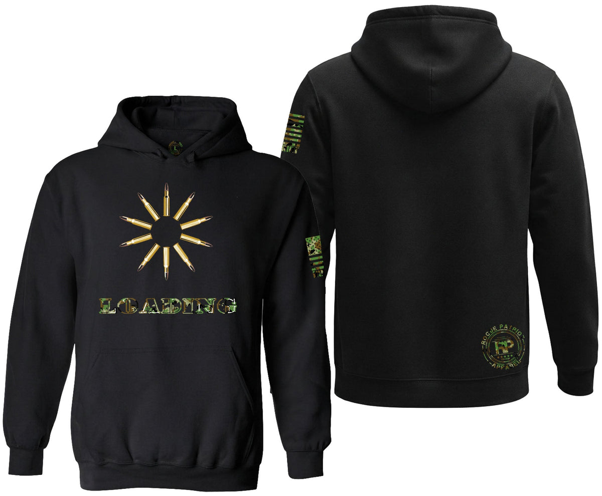 A black pullover hoodie shown from both front and back views. The front features a gold-colored sunburst graphic above the word 'LOOMING' in a green camouflage font.
