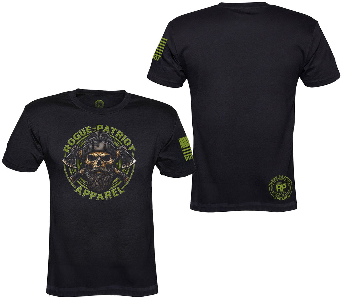 Black short-sleeve t-shirt shown from the front and back on a white background. The front features a circular graphic of a skull lumberjack wearing a beanie with crossed hatchets, surrounded by the text 'ROGUE-PATRIOT APPAREL'.