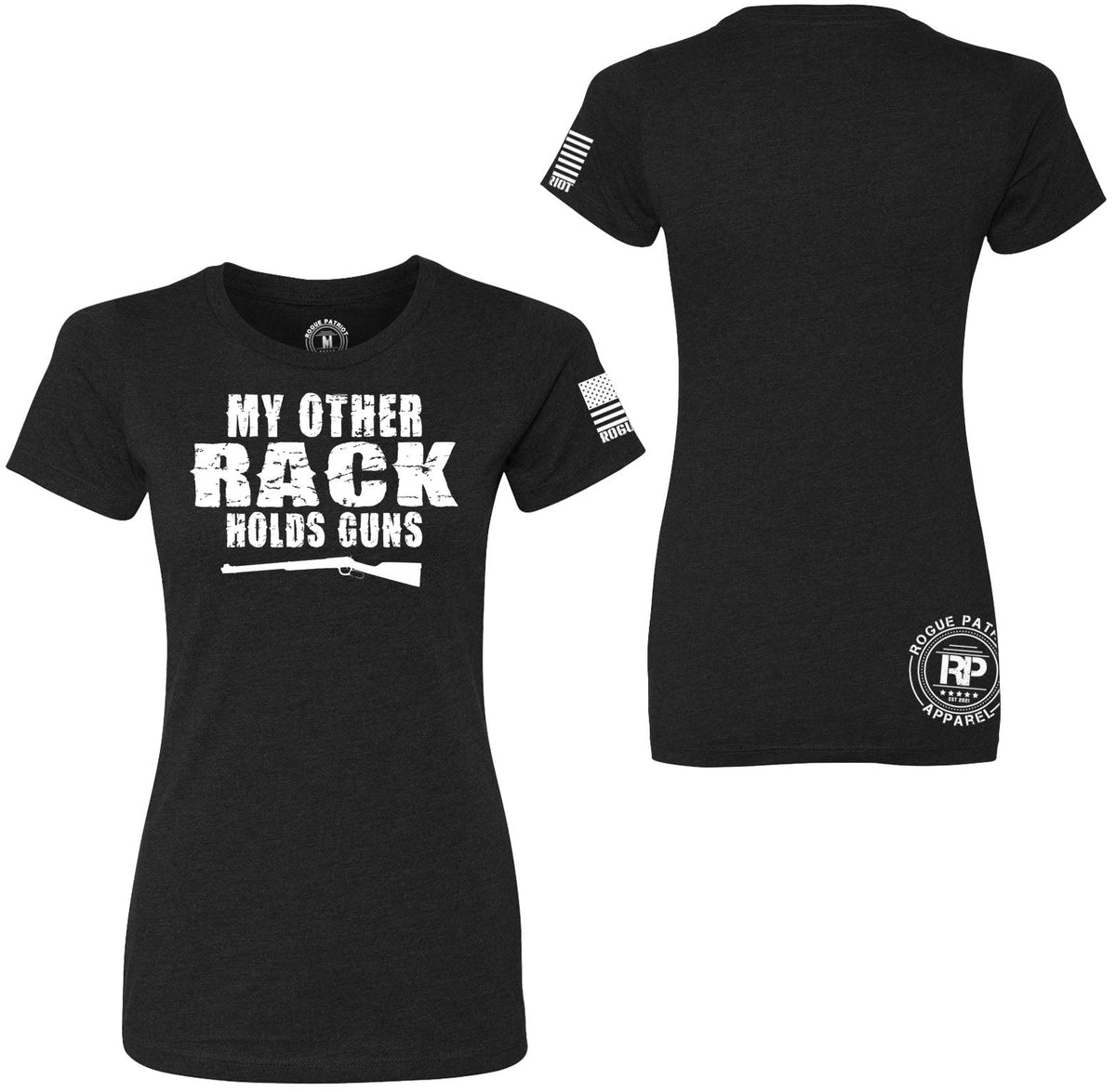 Black short-sleeve t-shirt shown from the front and back on a white background. The front features the white distressed text 'MY OTHER RACK HOLDS GUNS' with a rifle graphic, and the back has a circular 'Ridge Back Apparel' logo on the lower back and a small American flag print on the sleeve.