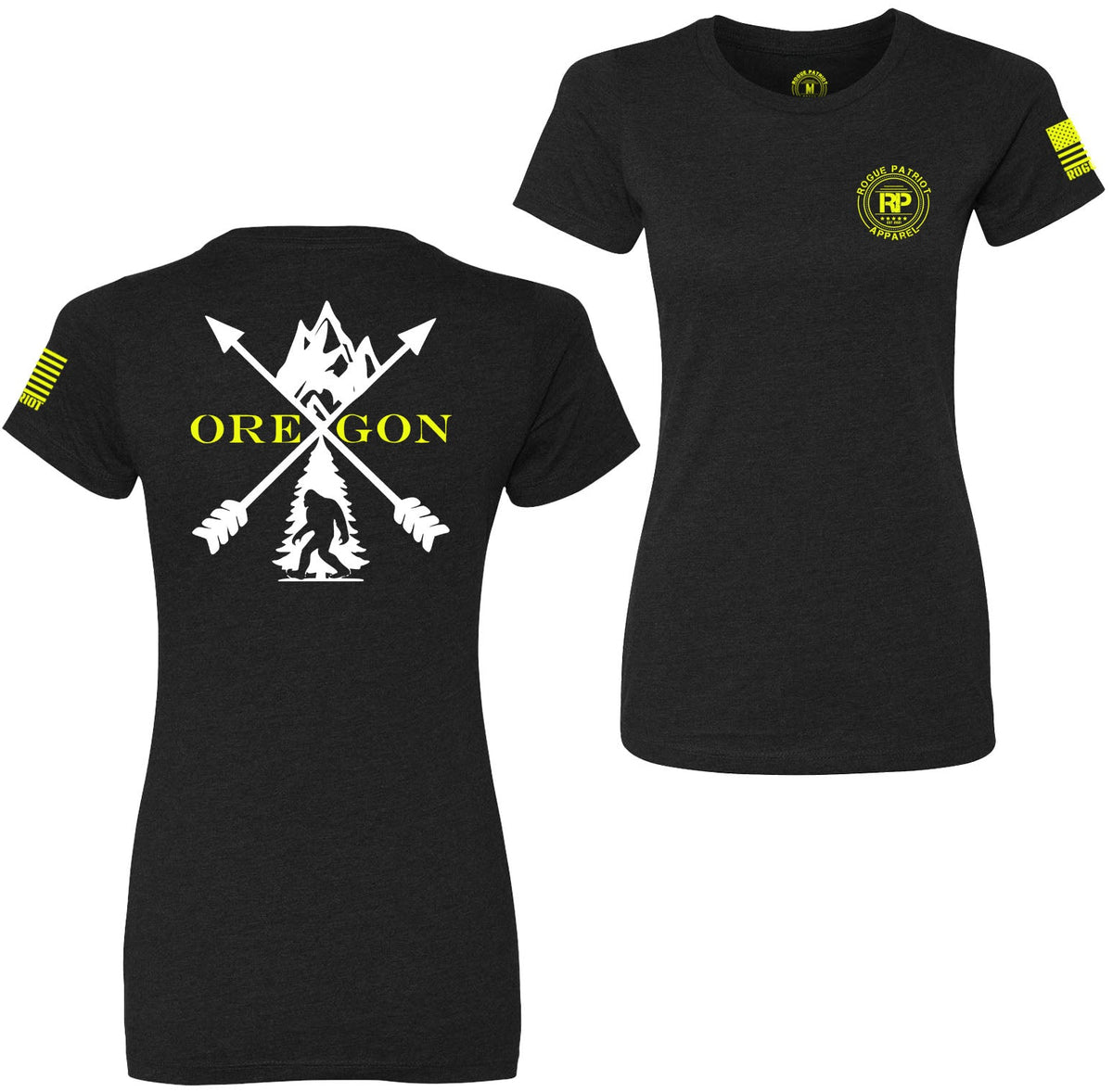 Black short-sleeve crewneck t-shirt shown from both front and back. The front features a small yellow circular logo on the left chest and yellow stripes on the right sleeve.