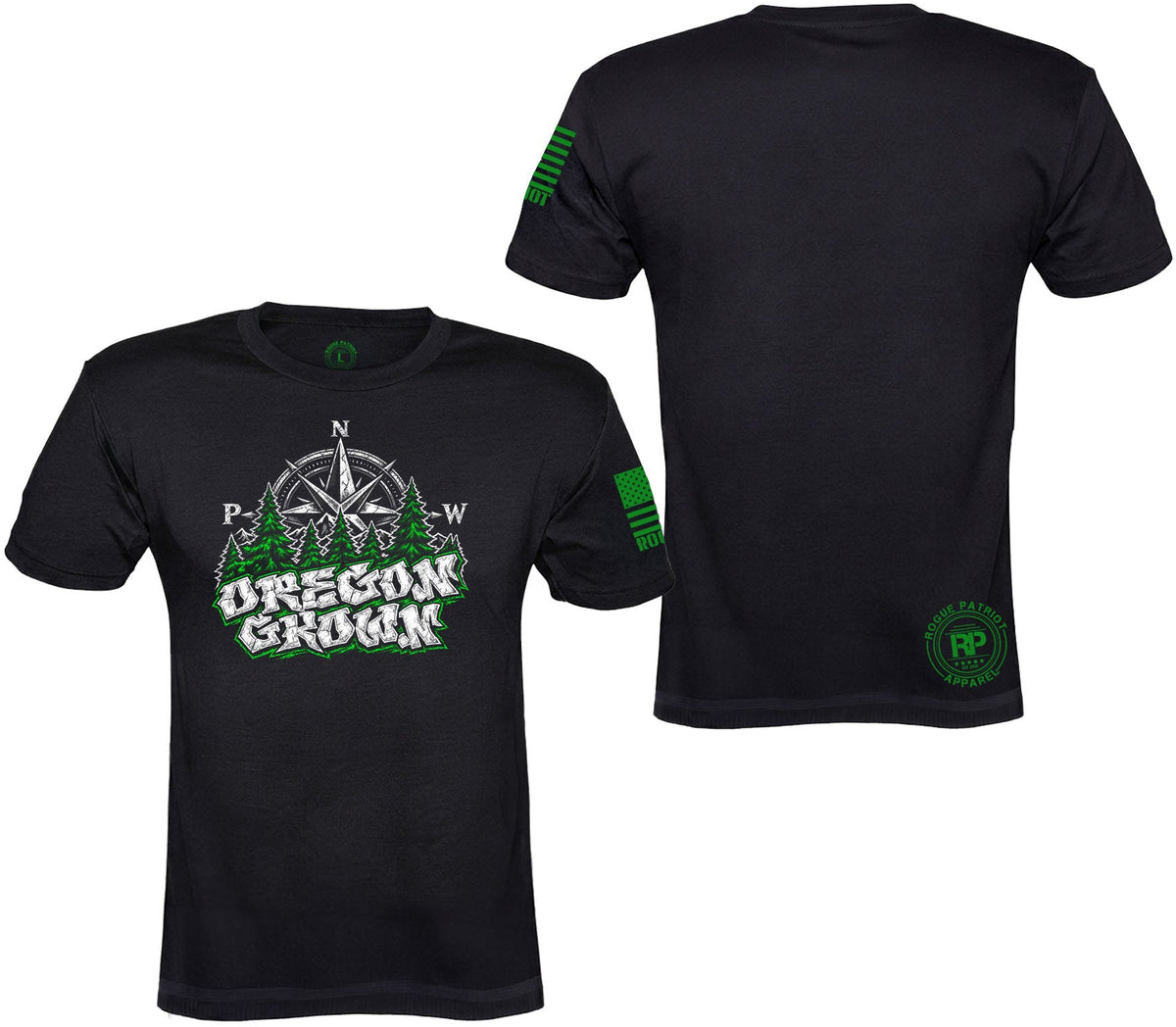 Black short-sleeve t-shirt shown from the front and back on a white background. The front features a green and white graphic with a compass, pine trees, and the text 'OREGON GROWN'.