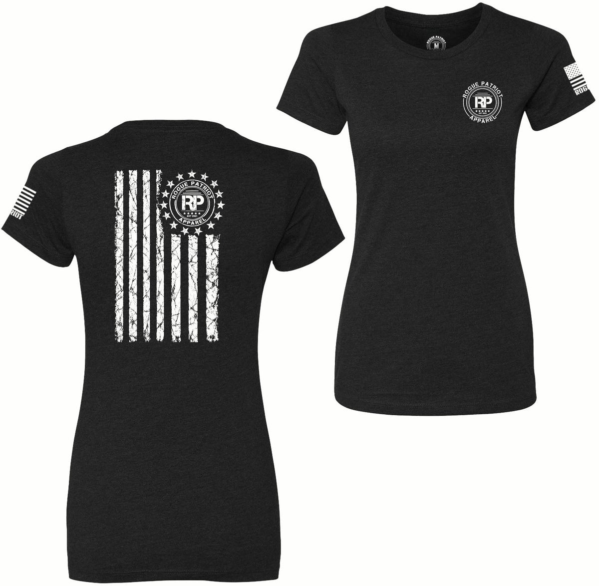 Black short-sleeve t-shirt shown from the front and back on a white background. The front features a small circular white logo on the left chest and a small striped flag graphic on the right sleeve.