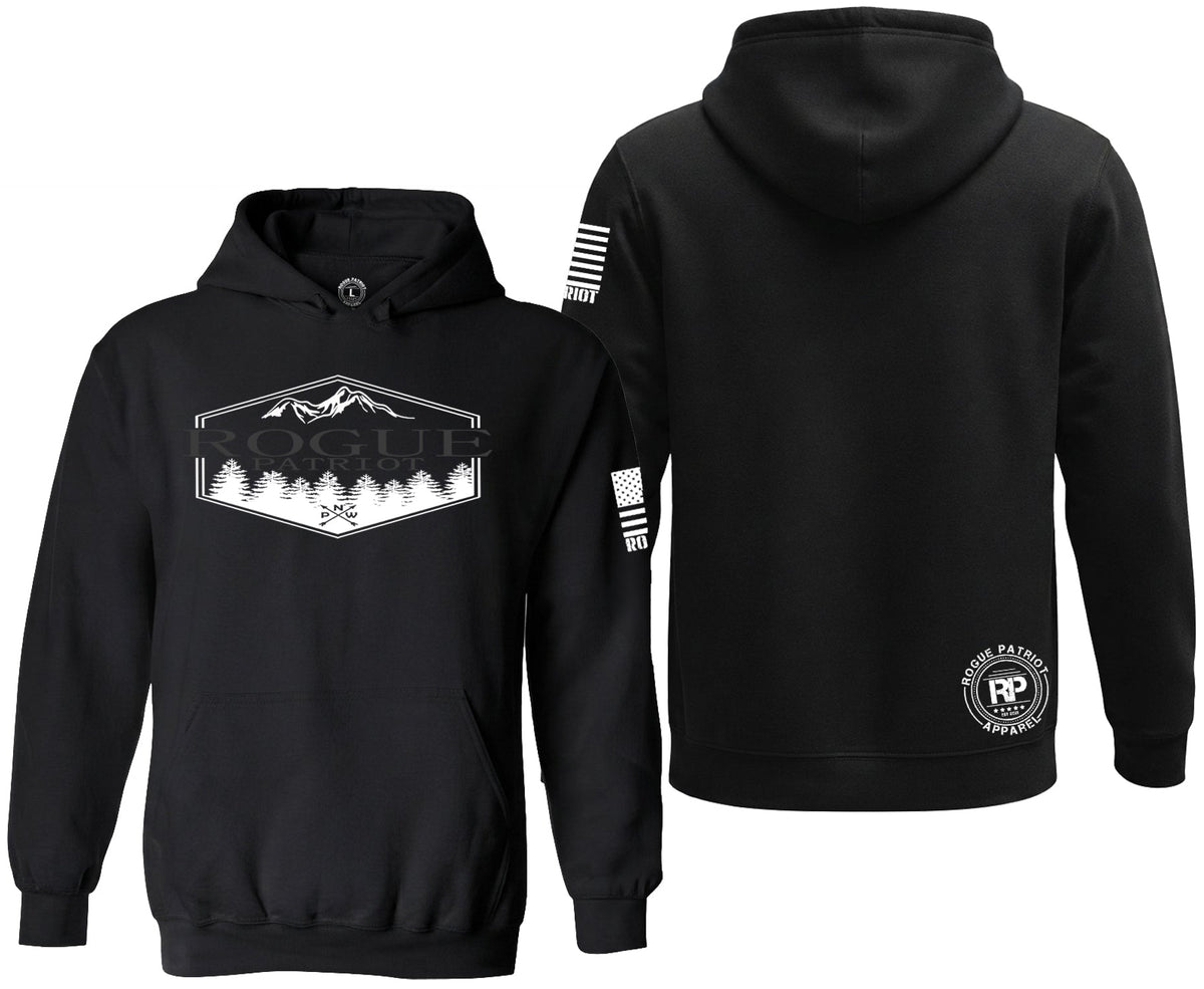 Black pullover hoodie shown from the front and back on a white background. The front features a white mountain and tree graphic, and the back has a white circular logo near the lower right side and white flag graphics on the sleeve.