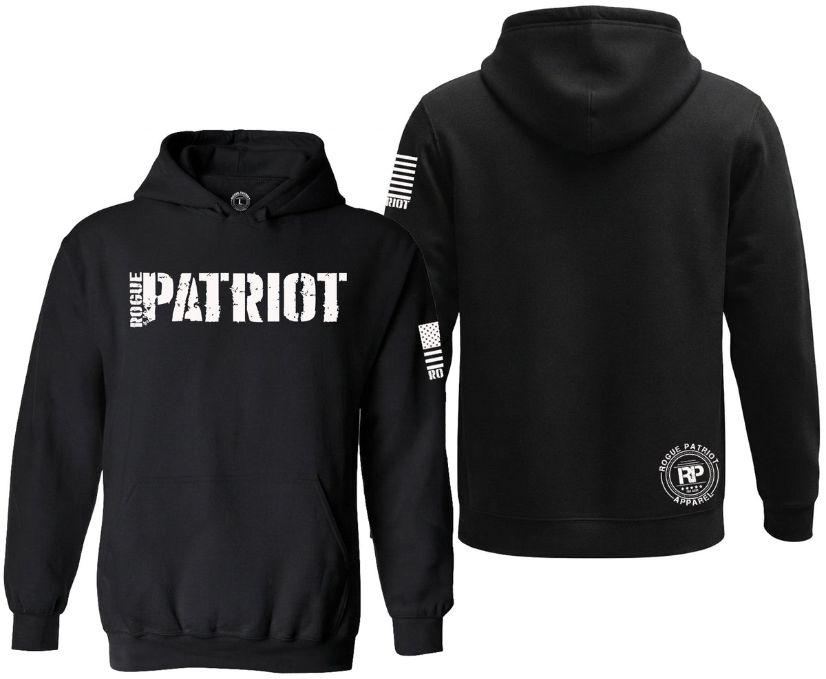 Black pullover hoodie shown from the front and back on a white background. The front features a white Rogue Patriot font, and the back has a white circular Rogue Patriot logo near the lower right side and white flag graphics on the sleeve.