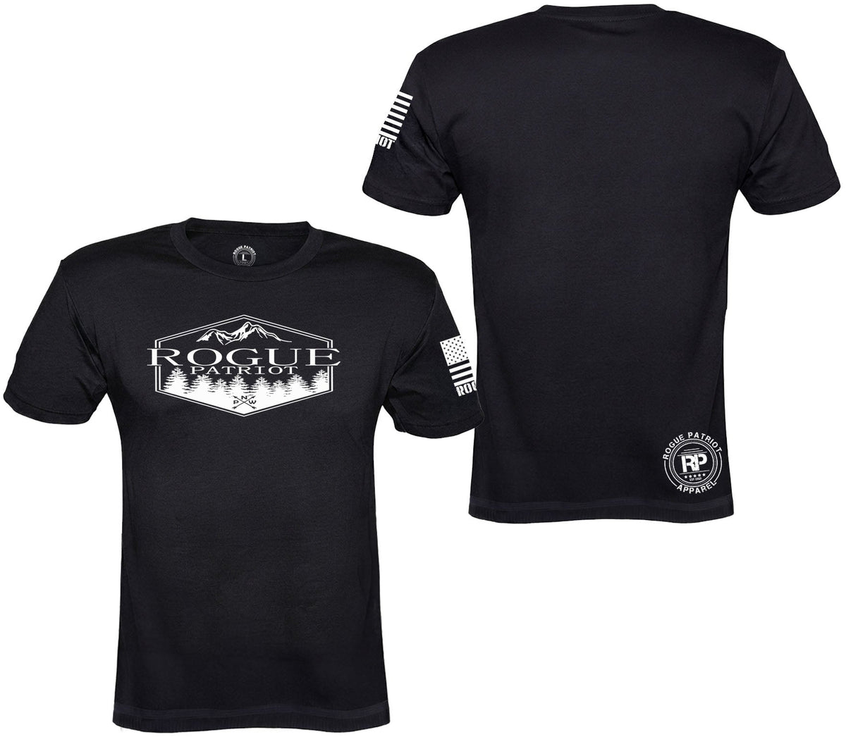 Black short-sleeve t-shirt shown from both front and back on a white background. The front features a Rogue Patriot design with white tree line and mountains with pnw