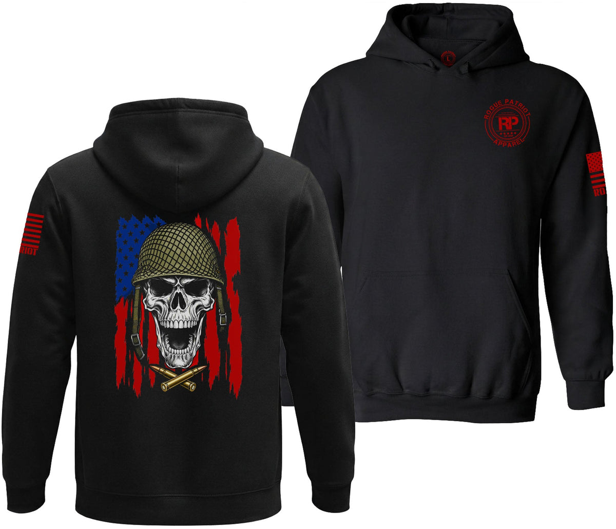 Black pullover hoodie shown from the front and back on a white background. The front features a red circular 'RP' logo on the left chest, and the back displays a large graphic of a skull wearing a military helmet over a distressed American flag design with red, white, and blue colors.