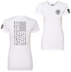 White short-sleeve crewneck t-shirt shown from both front and back. The front features a circular black 'Patriot' logo on the left chest and a black American flag graphic on the right sleeve.