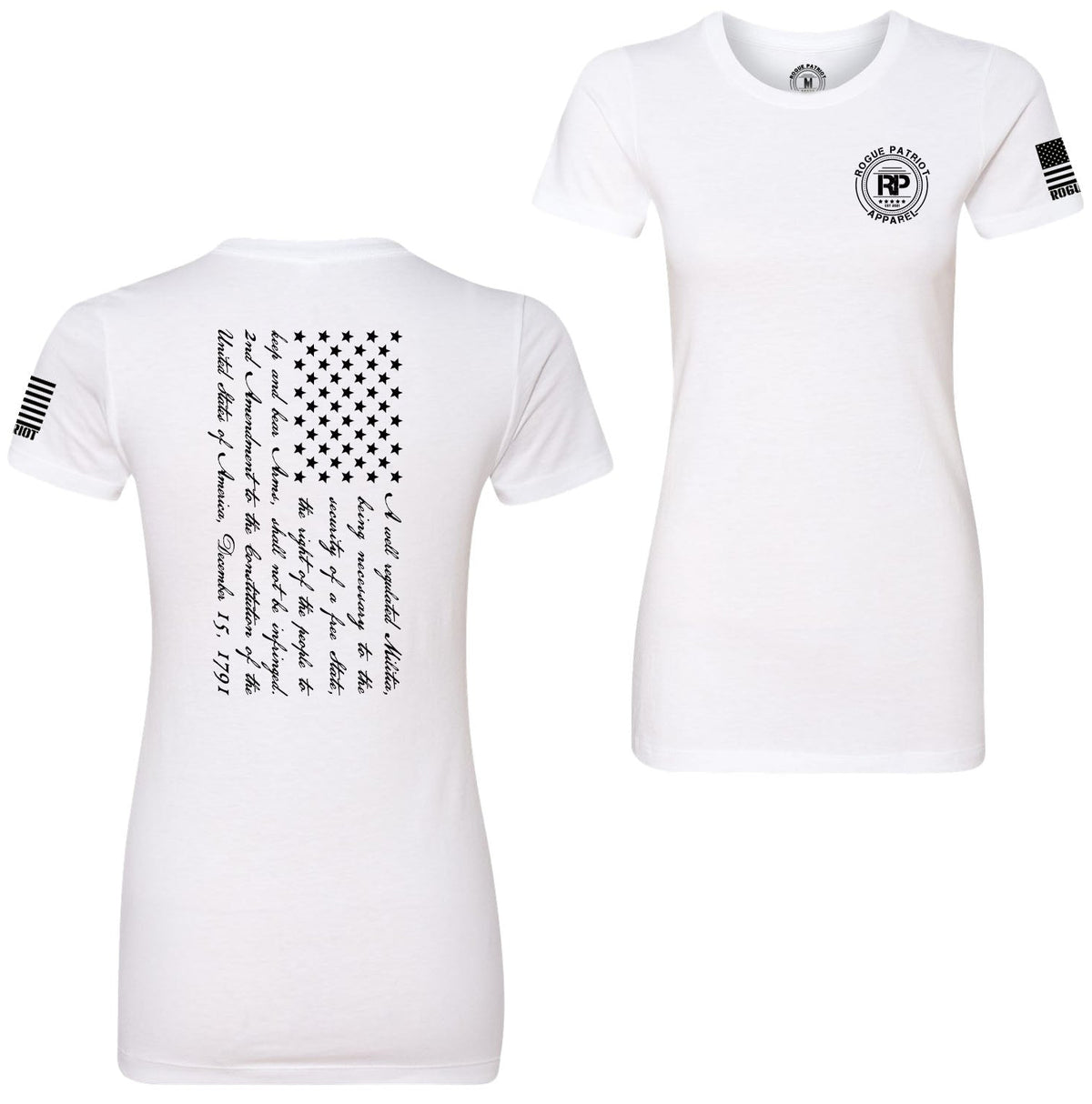 White short-sleeve crewneck t-shirt shown from both front and back. The front features a circular black 'Patriot' logo on the left chest and a black American flag graphic on the right sleeve.