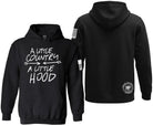 Black pullover hoodie shown from the front and back on a white background. The front features a large white circular 'Rogue Patriot Apparel' logo with 'RP' in the center.