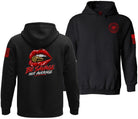 Black pullover hoodie shown from the front and back on a white background. The front features a red circular 'RP' logo on the left chest, and the back features a graphic of red lips with a bullet in the teeth and the text 'BE SAVAGE NOT AVERAGE' in red and white.