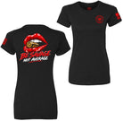 A dark charcoal gray short-sleeve t-shirt shown from both front and back against a solid black background. The front features a small red circular logo on the left chest and red stripes on the sleeve.
