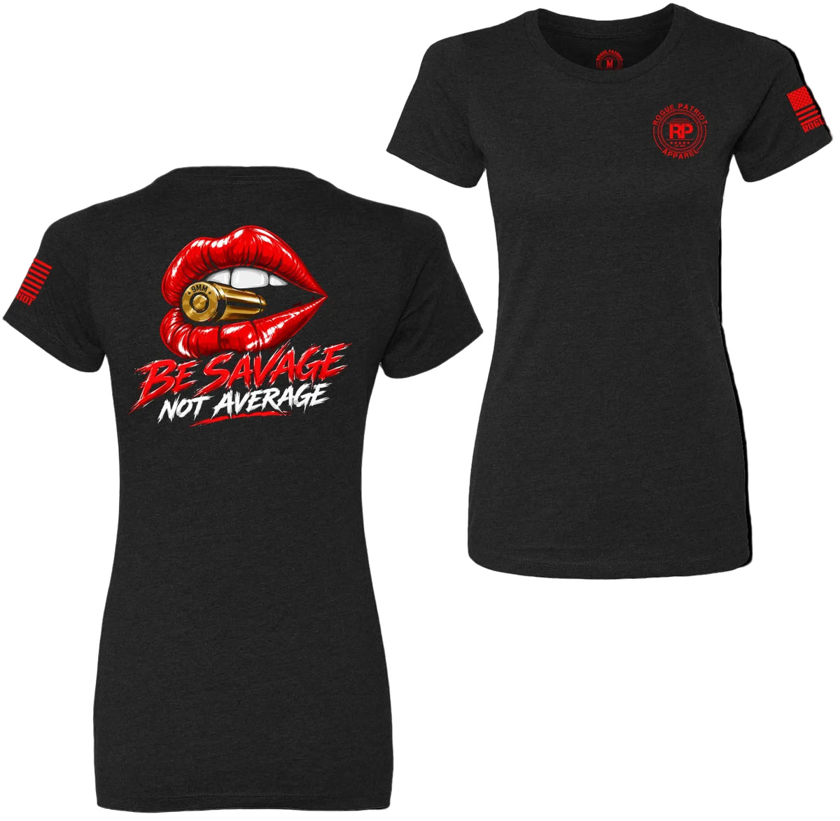 A dark charcoal gray short-sleeve t-shirt shown from both front and back against a solid black background. The front features a small red circular logo on the left chest and red stripes on the sleeve.