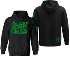 Black pullover hoodie shown from the front and back on a white background. The front features a green graphic of the state of Oregon with the text 'DON'T PORTLAND MY OREGON' in black.