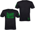 Black short-sleeve t-shirt shown from both front and back views. The front features a green graphic of the state of Oregon with the text 'DON'T PORTLAND MY OREGON' in green.