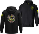 Black pullover hoodie shown from the front and back on a white background. The front features a yellow and white circular 'RP' logo on the left chest, and the back features a large 'DON'T TREAD ON ME' snake graphic in yellow, white, and gray.
