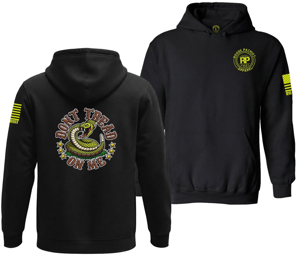 Black pullover hoodie shown from the front and back on a white background. The front features a yellow and white circular 'RP' logo on the left chest, and the back features a large 'DON'T TREAD ON ME' snake graphic in yellow, white, and gray.