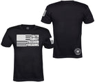 Black short-sleeve t-shirt shown from both front and back on a white background. The front features a white distressed American flag graphic with the text 'FAITH FAMILY FREEDOM FIREARMS'.