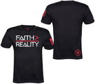 Black short-sleeve t-shirt shown from both front and back on a white background. The front features the text 'FAITH > REALITY' in white and red, and the back has a red circular logo near the lower right side and red graphic details on the sleeve.