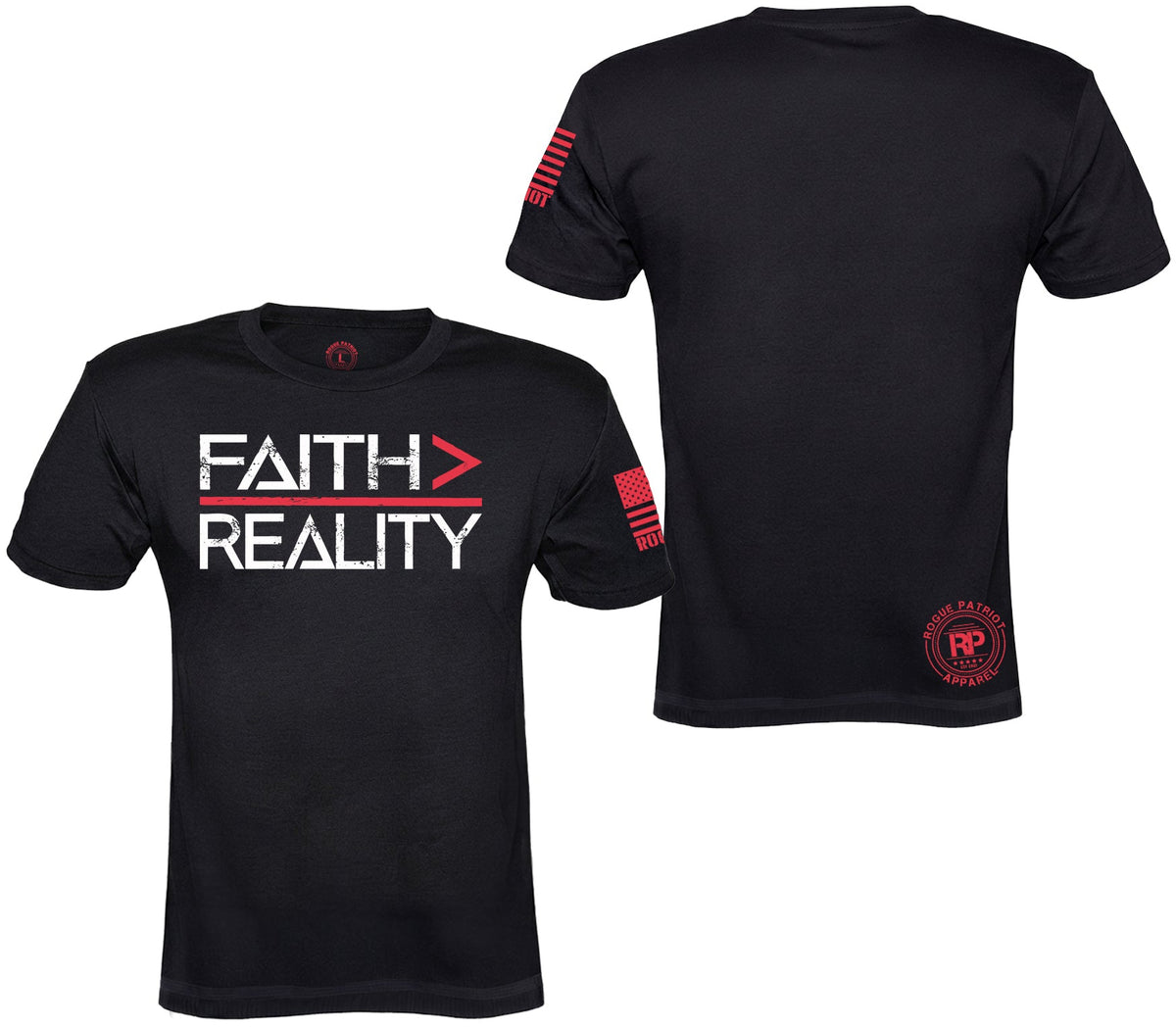 Black short-sleeve t-shirt shown from both front and back on a white background. The front features the text 'FAITH > REALITY' in white and red, and the back has a red circular logo near the lower right side and red graphic details on the sleeve.