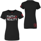 Black short-sleeve t-shirt shown from the front and back on a white background. The front features the text 'FAITH > REALITY' in white with a red greater-than symbol, and the back has a red circular logo near the lower left side.