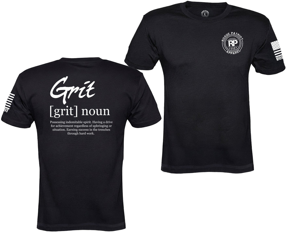 Black short-sleeve t-shirt shown from both front and back views. The back features a large white graphic reading 'Grit [grit] noun' with a dictionary definition underneath.