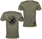 An olive green short-sleeve t-shirt shown from both front and back views. The front features a black circular graphic with crossed rifles and an American flag design, surrounded by the text 'JUST THE TIP I PROMISE'.