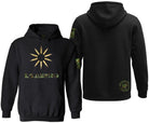 A black pullover hoodie shown from both front and back views. The front features a gold-colored sunburst graphic above the word 'LOOMING' in a green camouflage font.