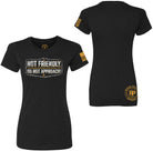 Black short-sleeve t-shirt shown from the front and back on a white background. The front features a graphic that reads 'NOT FRIENDLY DO NOT APPROACH!' with a distressed flag design, and the sleeves and back have gold/yellow logo and flag details.