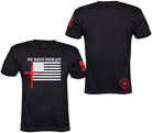 Black short-sleeve t-shirt shown from both front and back on a white background. The front features the text 'ONE NATION UNDER GOD' above a stylized American flag with a red cross and red stripes.