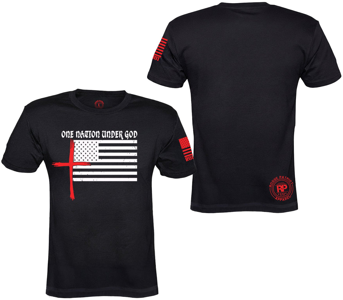 Black short-sleeve t-shirt shown from both front and back on a white background. The front features the text 'ONE NATION UNDER GOD' above a stylized American flag with a red cross and red stripes.
