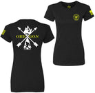 Black short-sleeve crewneck t-shirt shown from both front and back. The front features a small yellow circular logo on the left chest and yellow stripes on the right sleeve.