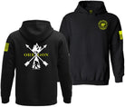 Black pullover hoodie shown from the front and back on a white background. The front features a yellow circular 'Ride the Oregon Trail' patch on the left chest and yellow stripes on the sleeve.