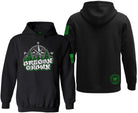 Black pullover hoodie shown from the front and back on a white background. The front features a green and white 'Oregon Grook' graphic with a compass and pine trees, and the back has a green circular logo on the lower back and a green striped patch on the sleeve.