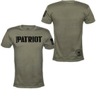 An olive green short-sleeve t-shirt shown from both the front and back views against a plain white background. The front features a bold black distressed 'PATRIOT' text across the chest, and the back has a black circular logo near the lower hem.