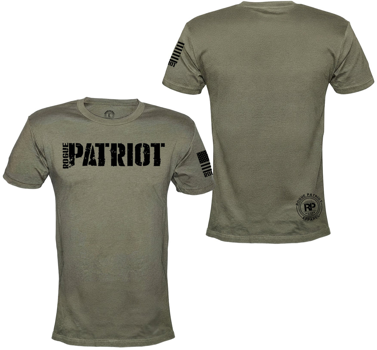 An olive green short-sleeve t-shirt shown from both the front and back views against a plain white background. The front features a bold black distressed 'PATRIOT' text across the chest, and the back has a black circular logo near the lower hem.