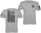 A light gray short-sleeve t-shirt shown from both front and back views. The front features a circular black 'RP' logo on the left chest, and the back features a distressed black vertical flag graphic with a matching circular 'RP' emblem.