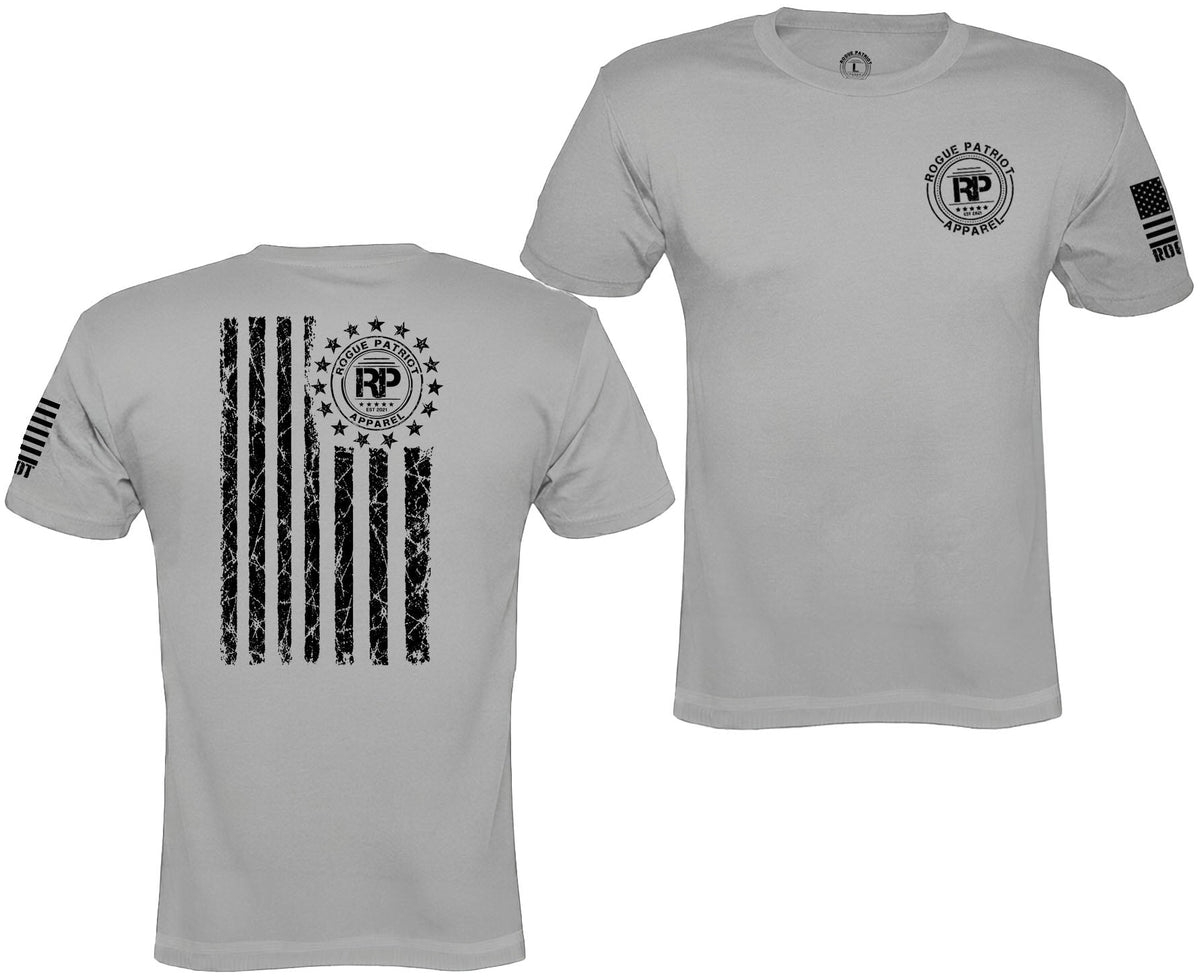 A light gray short-sleeve t-shirt shown from both front and back views. The front features a circular black 'RP' logo on the left chest, and the back features a distressed black vertical flag graphic with a matching circular 'RP' emblem.