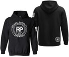 Black pullover hoodie shown from the front and back on a white background. The front features a large white circular 'Rogue Patriot Apparel' logo with 'RP' in the center.