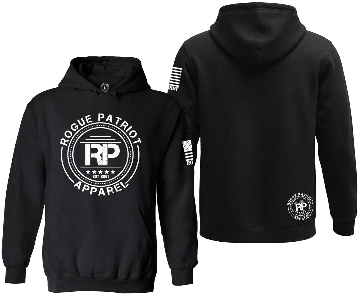 Black pullover hoodie shown from the front and back on a white background. The front features a large white circular 'Rogue Patriot Apparel' logo with 'RP' in the center.