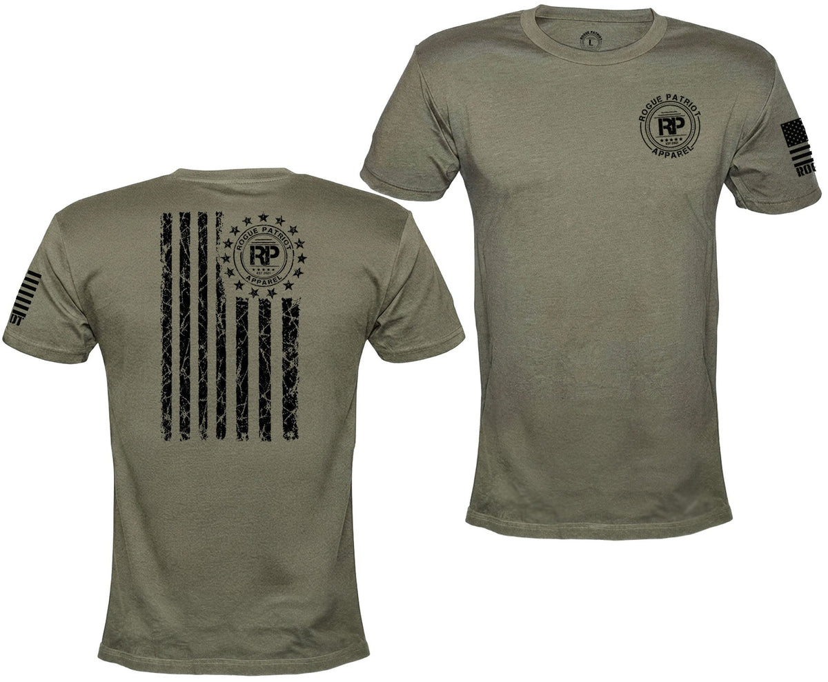 Two views of an olive green short-sleeve t-shirt on a white background. The front view shows a circular 'RP' logo on the left chest and a black distressed American flag graphic on the sleeve.