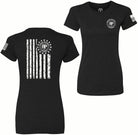 Black short-sleeve t-shirt shown from the front and back on a white background. The front features a small circular white logo on the left chest and a small striped flag graphic on the right sleeve.