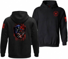Black pullover hoodie shown from both front and back on a white background. The front features a small red logo emblem on the left chest, and the back displays a large red, white, and blue reaper-themed graphic.