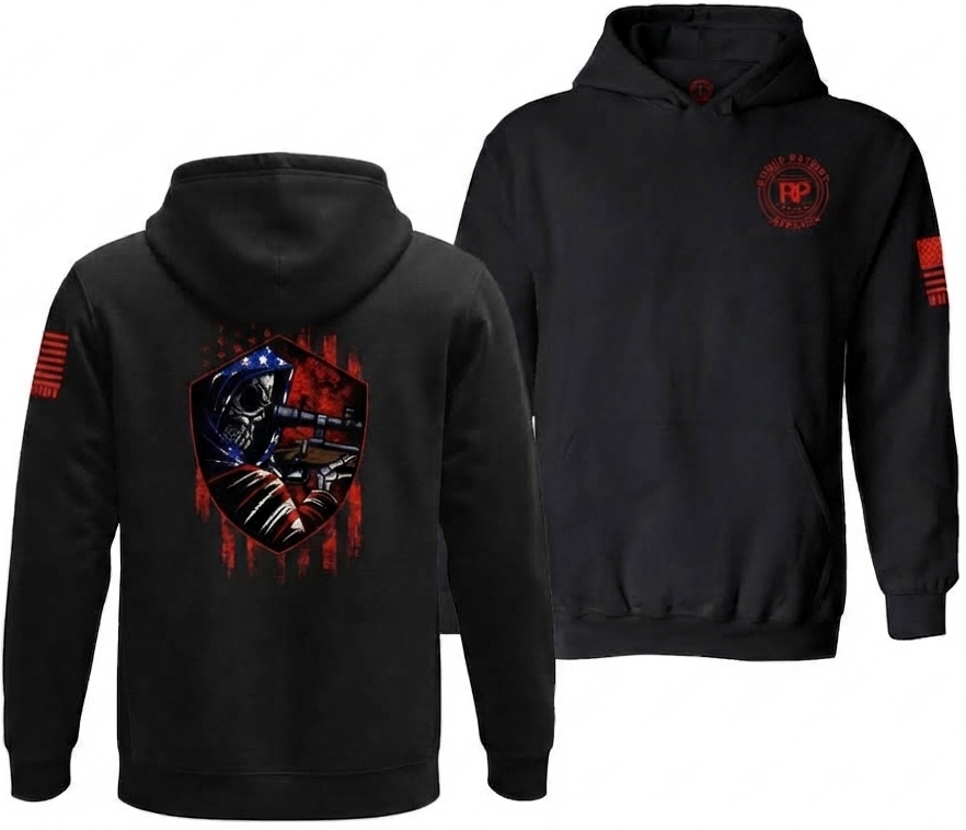 Black pullover hoodie shown from both front and back on a white background. The front features a small red logo emblem on the left chest, and the back displays a large red, white, and blue reaper-themed graphic.