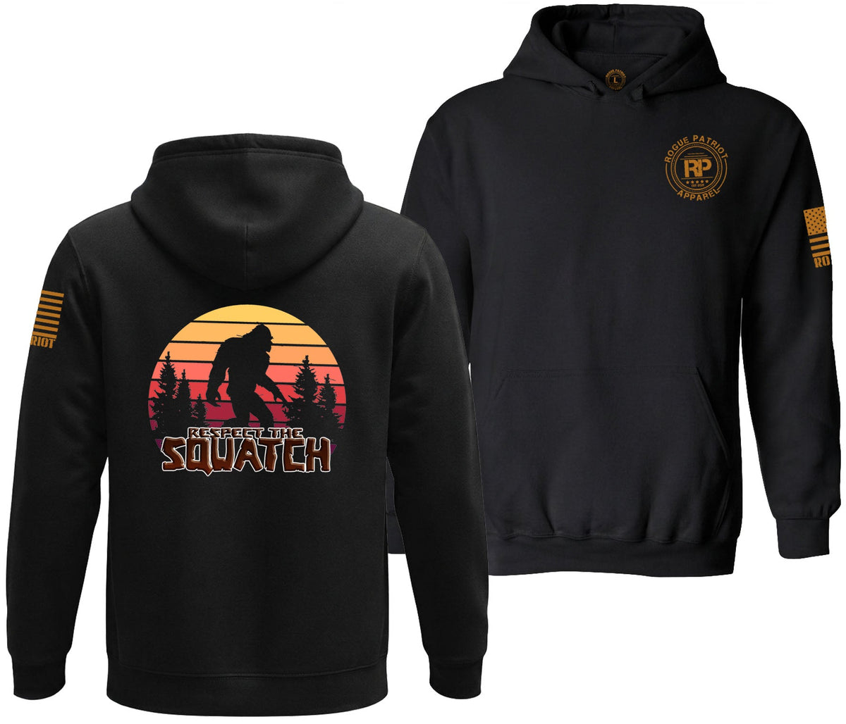 Two black hoodies shown on a white background: one front view with a circular gold chest emblem and sleeve stripes, and one back view with a large sunset-style graphic of a Bigfoot silhouette and the words 'THE BIGGEST SQUATCHI'.