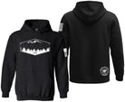 Black pullover hoodie shown from the front and back on a white background. The front features a white mountain and tree graphic, and the back has a white circular logo near the lower right side and white flag graphics on the sleeve.