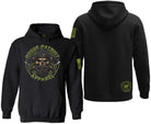 A black pullover hoodie shown from both front and back views. The front features a skull lumberjack design with green rogue patriot logo.