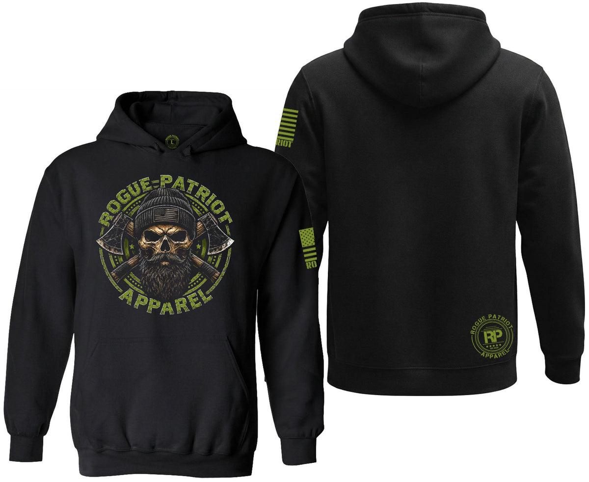 A black pullover hoodie shown from both front and back views. The front features a skull lumberjack design with green rogue patriot logo.